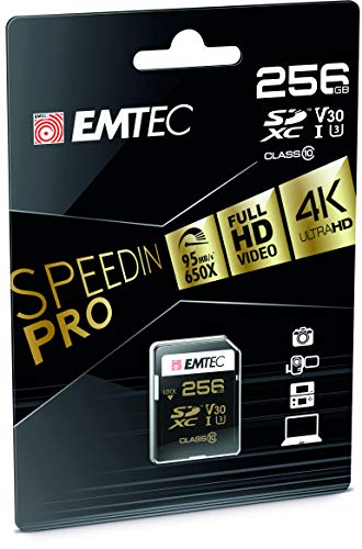 Carte mémoire EMTEC SpeedIN Pro SD UHS-I U3 256 Go Noir pour vidéo 4K