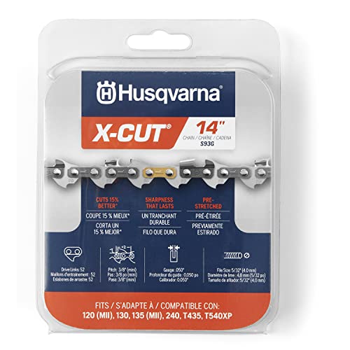 Husqvarna X-Cut S93G - Cadena de motosierra de 14 pulgadas, paso de 3/8 pulgadas, calibre de 0.50 pulgadas, repuesto de hoja de motosierra de 52 eslabones, preestirada y bajo retroceso, gris