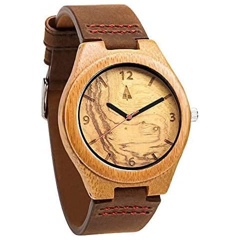 treehut Mens Wooden Olive Ashe Bamboo Watch with Genuine Brown Leather Strap, Natural Brown 12 Cover