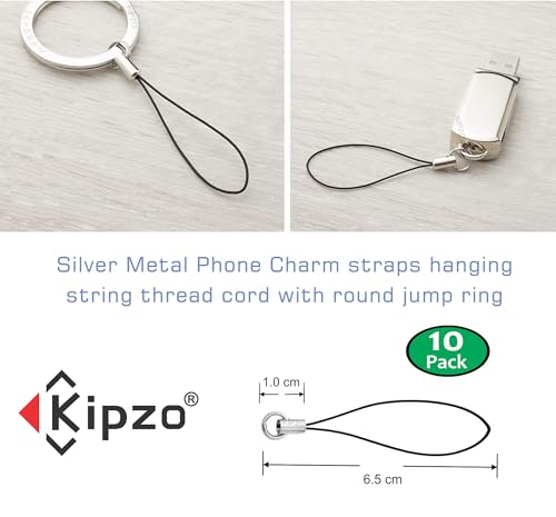 Image of Silver Metal Phone Charm Thread Hanging String Rope Cord Nylon Black with Jump Ring Pack of 10 pcs Clasp for Cell Phone Cover Keyring Pendrive DIY Jewellery Straps with Zip Carry case Pouch