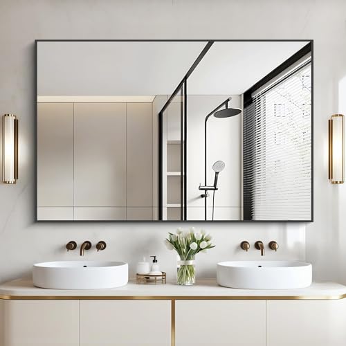 Image of COFENY Bathroom Black Mirror, 36x55in Black Rectangle Mirror with Thin Metal Frame, Large Rectangular Wall Mirror for Bathroom, Living Room, Hair Salon, Big Farmhouse Mirror Hang Horizontal /Vertical