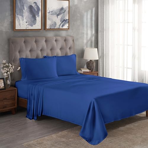 Superior, Juego de sábanas satinadas de modal de haya suave y fresco de 300 hilos, 1 sábana bajera elástica con bolsillos profundos, 1 sábana encimera, 1 funda de almohada, Individual XL, Azul marino