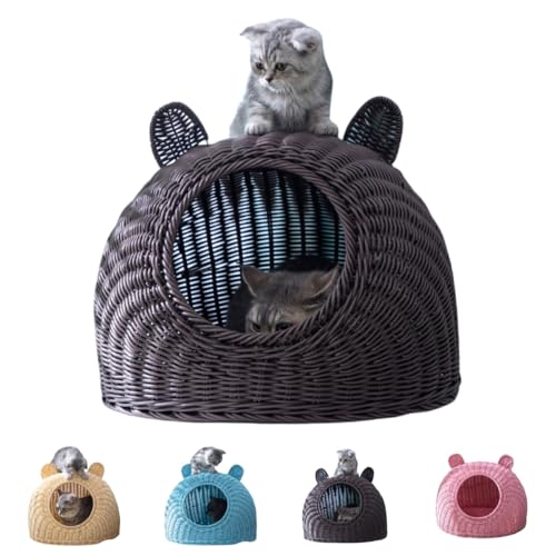 SJGEIDM キャットハウス ドーム型 キャットハウス キャットベッド キャットベッドハウス ケージ 子猫用 キャットハウス ベッド ファッション 大型 洗える ラタン キャットハウス 半密閉型 四季通用 ラタン 通気性 犬小屋 (コーヒー色,中くらい+