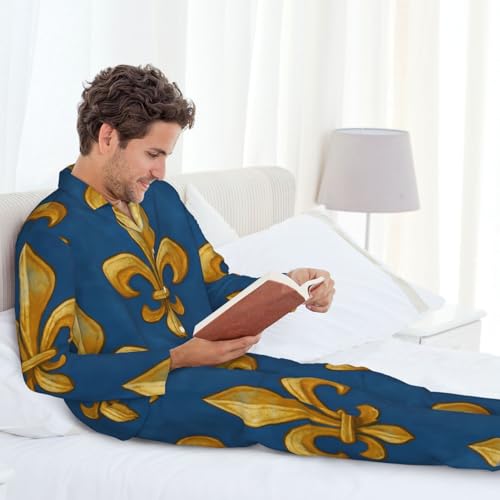 Mens Long Sleeves Pajama Set France Blue Fleur-De-Lis Cozy Two-Piece Loungewear For Nighttime Comfort,Casual Wear 7
