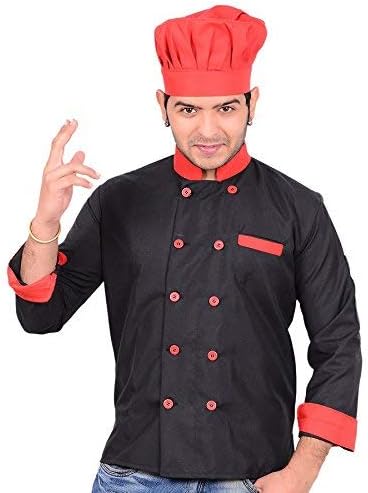 Kodenipr Club Men's and Women's Black Chef Coat Red Contrast With Chef Cap,Poly/Cotton,Size (Medium(38))
