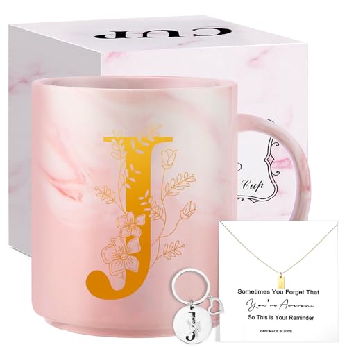 Personalized Monogrammed Gifts for Women,11 oz Initial Ceramic Coffee Mug with Necklace, Unique Mothers Day Birthday Gift for Grandma Auntie Sister Wife Teacher Friend Mom, J