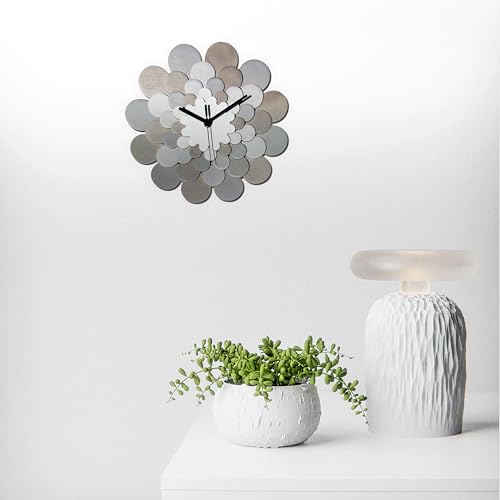 Ardeola 11.5 In Silver Floral Wall Clock, Birch Farmhouse Wall Deco & Art + Handmade Dahlia Silver Clock Medium (M) Size By Ardeola thumb #3