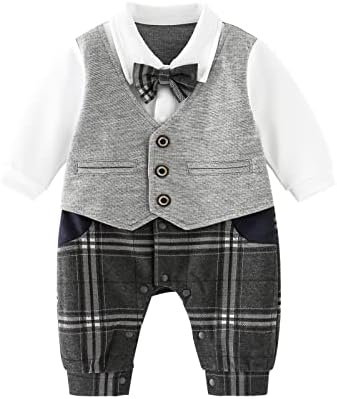 Hresadio Baby Boy Suit Outfits,Newborn Baby Boys Gentleman Romper with Tuxedo with Bowtie (grey, 12-18 Months)