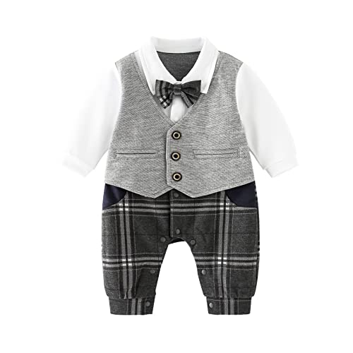 Hresadio Baby Boy Suit Outfits,Newborn Baby Boys Gentleman Romper With Tuxedo With Bowtie (Grey, 12-18 Months) #TOP2