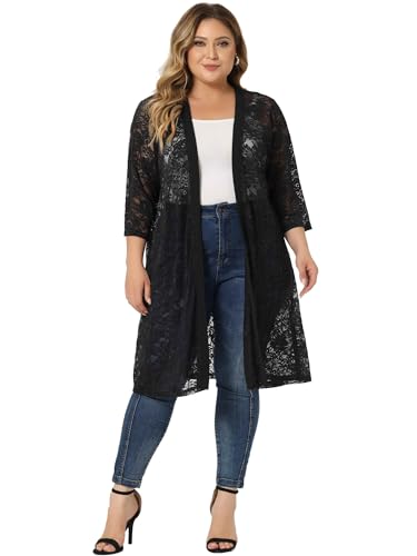 Agnes Orinda Plus Size Cardigans for Women Lace Cardigan Lightweight Crochet 3/4 Sleeve Cover Up Jacket3