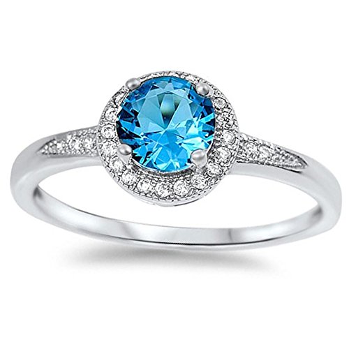 Oxford Diamond Co Halo Style Solitaire Blue Cz Promise Engagement Ring .925 Sterling Silver Ring Size 8