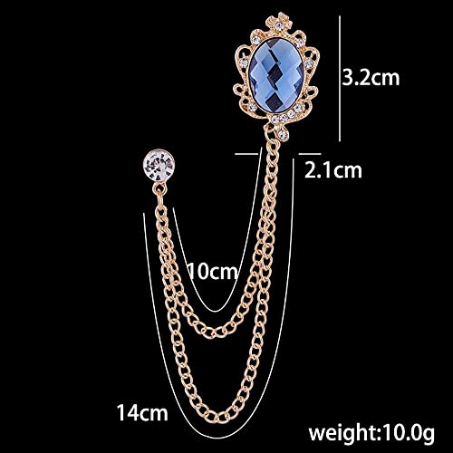 Image of Vintage Gemstone Chain Brooch Pin,Rhinestone Long Chain Tassel Suit Pin Zircon Oval Gem Lapel Pin Jewelry for Women Men