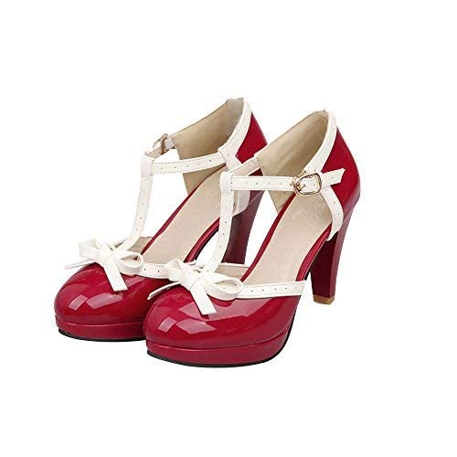 Fashion Women T-Strap High Heels Bow Platform Round Toe Pumps Patent Leather Summer Sweet Shoes（Red，9） #TOP1