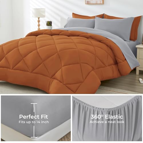 HEVUMYI Twin Comforter Set - 5-Piece All Season Bed in a Bag Twin, Ultra Soft Bedding Set with Comforter, Flat Sheet, Fitted Sheet, Pillowcases, Pillow Shams, Orange & Light Grey