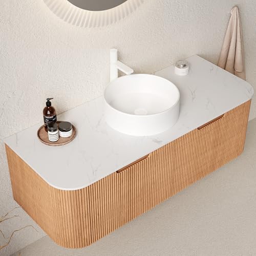 Image of KEIKI 48 inch Bathroom Vanity with Sink, Wall-Mounted Floating Vanity with Curved Edges & 3D Striped Drawer Fronts, White Round Ceramic Basin, Pre-Assembled Storage Cabinet, Natural Wood