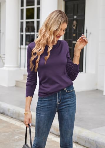Image of GRACE KARIN Long Sleeve Fall Sweaters for Women Trendy Business Casual Tops | Fashion Clothes,Classic Pullover Shirt,Crew Neck,Scalloped,Lightweight,Soft Comfy,Fitted,Knit,Stretchy,Winter Layer Clothing