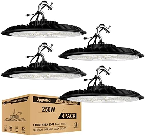 Lightdot 4Pack 250W LED High Bay Light 35000lm (Eqv.1000W MH/HPS) Commercial Bay Lighting, 5000K Daylight LED UFO High Bay with US Plug for Garage/Barn, Energy Saving Upto 1840KW*4/Y(5Hrs/Day)
