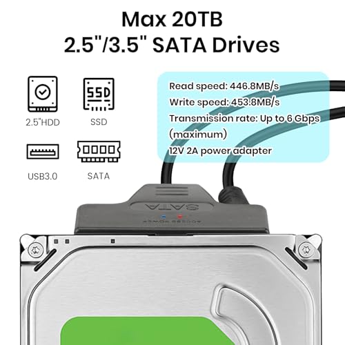 Bpzmm USB 3.0 to SATA Hard Drive Adapter with 12V/2A Power Supply, USB C to SATA Cable for 3.5" HDD & 2.5" HDD/SSD, High-Speed Transfer Hard Drive Reader - Image 3