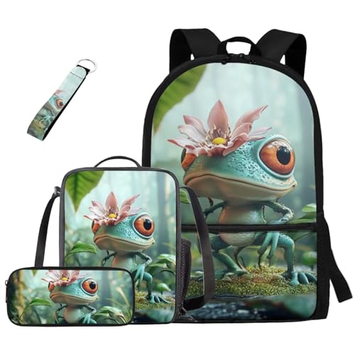 Rnyleeg Frog Backpack for Boys with Lunch Box School Backpack for Boys 8-10 10-12 Lightweight Kids Bookbag Set 4 Pcs for Primary Middle School Casual Rucksack Book Bag