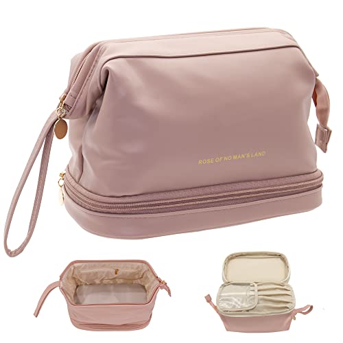 Horien Cosmetic Travel Bags for Women, Elegant PU Leather Big Roomy Makeup Bag, Double Layer Make Up Bag Travelling with Brushes Layer, Portable Large Capacity Skincare Organizer Pouch