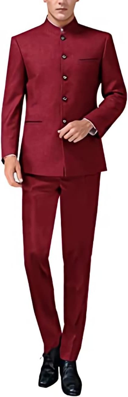 Wangyue Men's Formal 2 Pieces Regular Fit Suit Chinese Tunic Suit Mandarin Collar Blazer Pant