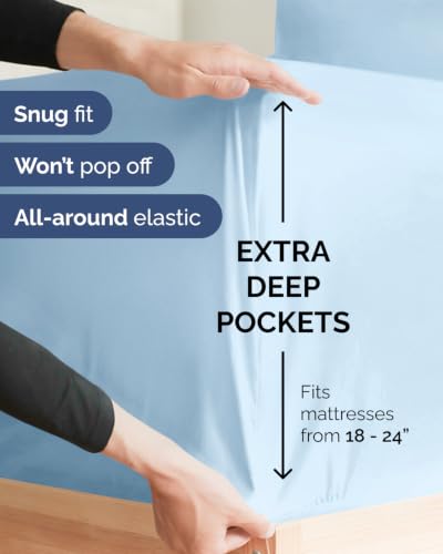 Image of Extra Deep Flex Top Split Head King Sheet Set - 6 Piece Breathable and Cooling Sheets - Hotel Luxury Bedding for Women, Men, Kids & Teens - Easy Secure Fit - Extra Deep Pockets - Light Blue