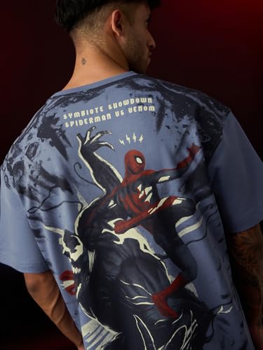 Image of The Souled Store Official Marvel: Spider x Venom Oversized T-Shirt for Men Boys Cotton Casual Half Sleeves Baggy Loose Fit Drop Shoulder Round Neck Black