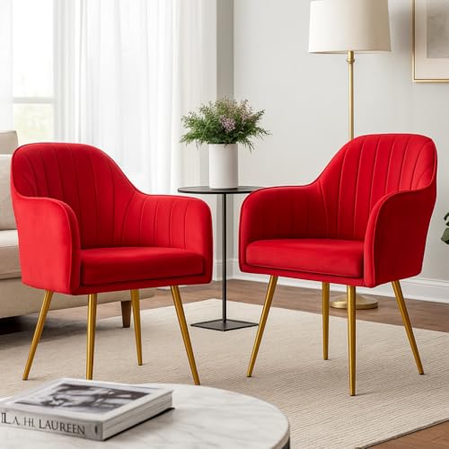 Image of Velvet Accent Chair | Luxury Upholstered Armchair with Sturdy Metal Legs | Modern Comfortable Chair for Living Room, Bedroom, Office, or Cafe (Golden Legs, Red Set of 2)