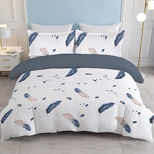 Soulzzz Feather Comforter Cover Full Soft Farmhouse Blue Plume Patterned Duvet Cover Watercolor Feather Print White Bedding Set 1 Duvet Cover And 2 Pillowcases #TOP7