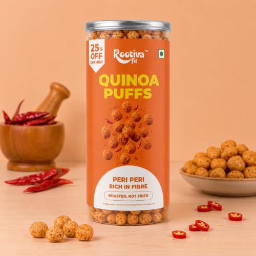 Image of ROOTIVAFIT Quinoa Puffs Peri Peri Flavour, Roasted Not Fried, Rich in Fibre, Made with Jowar and Quinoa Flour, 80 g, Pack of 1 | New