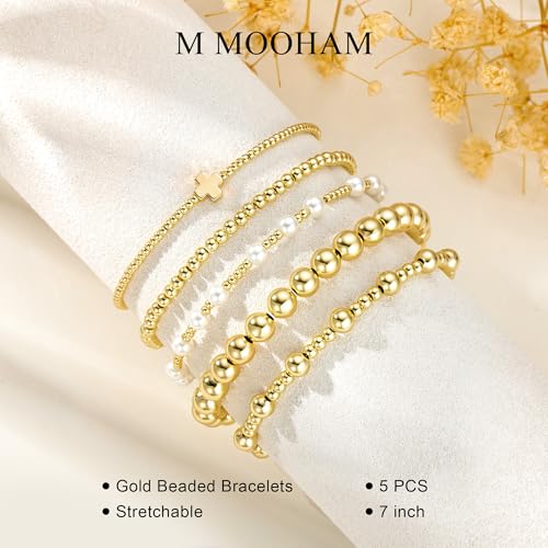 M MOOHAM Gold Bracelets for Women, 14K Gold Plated Beaded Bracelet - image 5