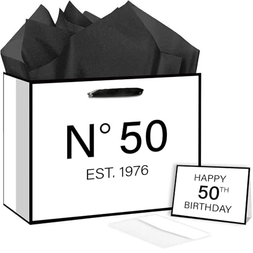 50th Birthday Gift Bag with Tissue Paper and Greeting Card N°50 EST.1976 50th Birthday Gifts Wrapping Paper Bag for Her Him Women Men, 50 Year-Old Present Wrap Bday Decorations Supplies