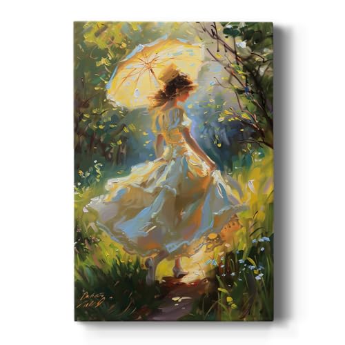 Renditions Gallery Wall Art For Home Decor Elegant White Dressed Woman in Green Meadows Canvas Wall Decorations for Kitchen Bedroom Lounge - 18" X 27" LT565