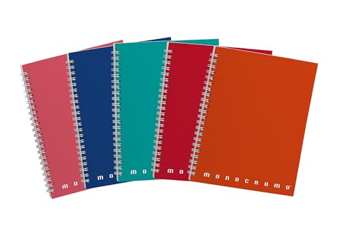 Pigna Spiralgebundenes einfarbiges Notizbuch, 1R innen, liniert, ohne Löcher, mit Mikroperforation 80 g Papier, Assorted Covers, A5 Format 16x20.5 cm, 5