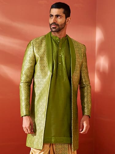 Image of VASTRAMAY mens VASTRAMAY Men's Green Silk Blend Sherwani.