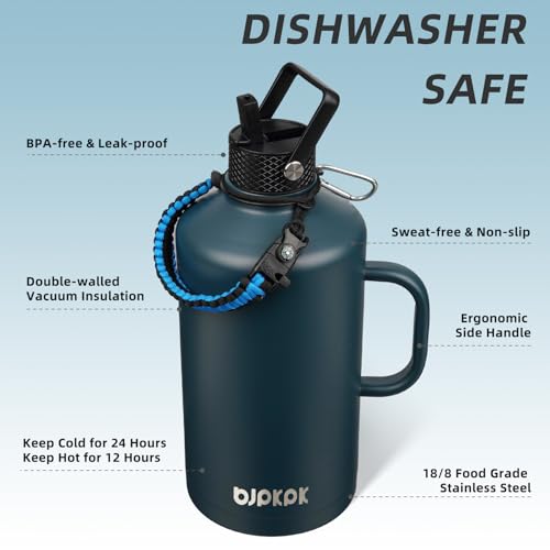 Image of BJPKPK 1 Gallon Water Bottle Insulated with Straw Lid, 128oz Large, Stainless Steel Water Bottles with 3 Lids and Paracord Strap, Double Wall Vacuum Metal Water Jug,Navy Blue