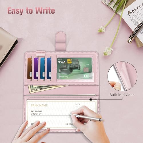Image of FINTIE Checkbook Cover for Personal Checkbook, RFID Blocking Big Capacity Standard Register Duplicate Checks with Pen Holder, Cards Slots (Marble Pink)
