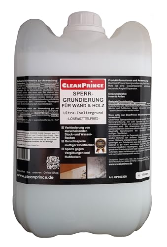 CleanPrince Sperrgrundierung für Wand und Holz 10 Liter | Ultra - Isoliergrund Sperrgrund Lösemittelfrei Geruchssperre | keine Farbe