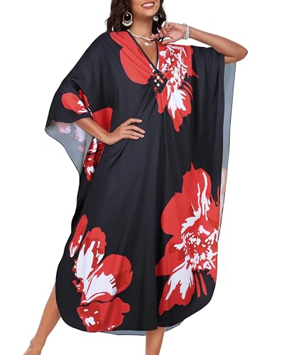 Image of Kaftan Dresses for Women V Neck Caftans Batwing Sleeve Beach Cover Ups | JILUVIN Plus Size Long Floral Print Dress, Loose Fit Maxi Casual Moomoo, Lounge House Mumu Nightgown Summer Vocation 2026