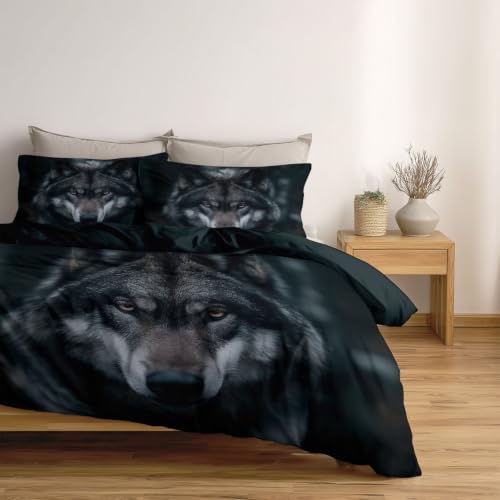 Housse de Couette Réversible Loup en Microfibre Douce Parure Lit Vert - 3