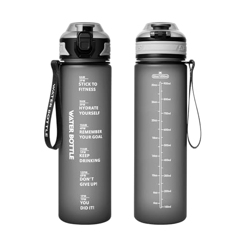 Binudum Trinkflasche 1L Sport Wasserflasche, BPA-frei,1 Liter Trinkflasche Sport mit Zeitmarkierung，für Gym, Die Fahrrad, Sport, Outdoor, Schule, Job