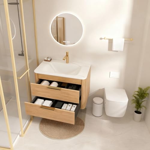 Image of 30 inch Wall-Mounted Bathroom Vanity Cabinet with Sink, Light Oak
