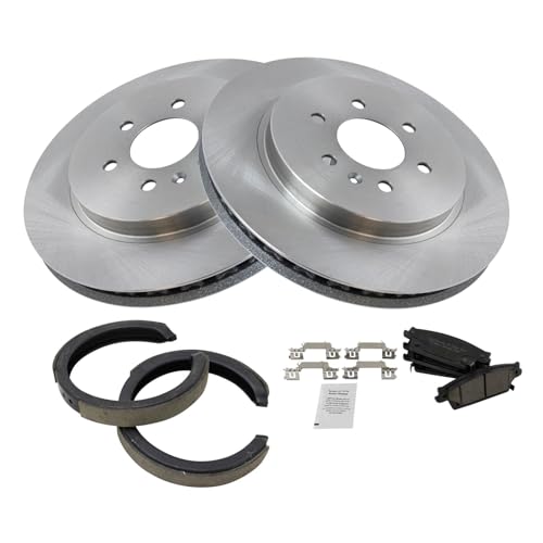 Image of TRQ Rear Brake Pad and Rotor Set Ceramic Rotors Parking Brake Shoe Compatible with 2004-2009 Cadillac SRX 18 20 Inch Wheels