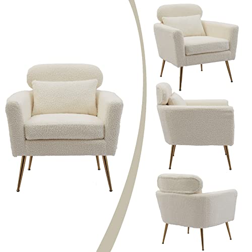 Mikibama Mid Century Modern Accent Chair Upholstered Reading Chair Armchair With Metal Legs And Throw Pillow Side Chair For Living Room Bedroom Office (Ivory,Teddy Fabric) #TOP3