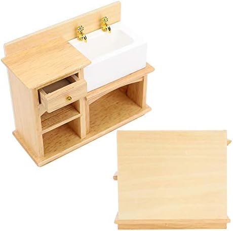 Dollhouse Wooden Wash Basin, 1:12 Mini Dollhouse Accessory Miniature Furniture Realistic Kitchen Sink for Bathroom Kitchen(Sink)