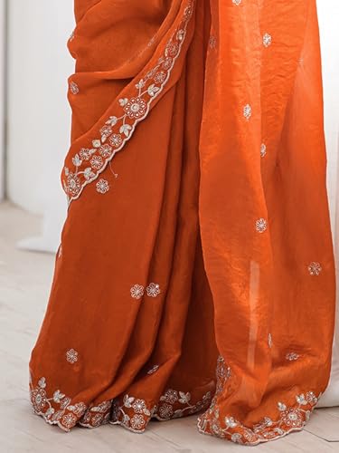 Image of Satrani Women's Tissue Silk Scalloped Border Sequins Embroidery Saree with Unstitched Blouse Piece