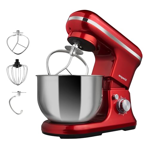 Emperial Stand Mixer | 1200W Food Mixer for Baking with Beater, Dough Hook & Whisk | 5L Stainless Steel Bowl | 6 Speed Electric Kitchen Mixer with Removable Splash Guard (Red)
