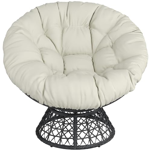 Yaheetech Poltrona Salotto Relax Poltrona da Lettura Girevole a 360° con Papasan Cuscino Sedia Relax Rotonda per Camera da Letto Soggiorno Beige