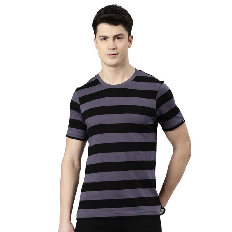 Image of FASO Men's Yarn Dyed Striped T-Shirt | Super Soft Combed Cotton | Sporty Big Stripes | Half Sleeves | Customized Comfort Fit for Smart Casual Wear