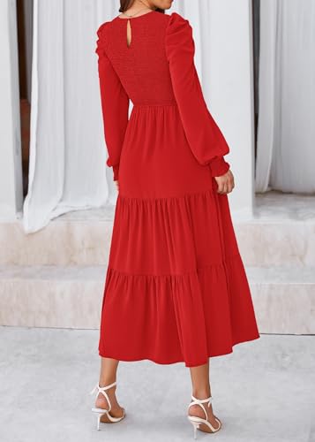KIRUNDO Fall Dresses for Women 2025 Long Sleeve Maxi Wedding Guest Smocked Crew Neck Empire Waist A Line Flowy Long Dress2